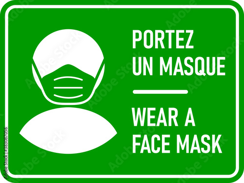Bilingual French and English Horizontal Warning Sign with Phrases "Portez Un Masque" and "Wear a Face Mask". Vector Image.