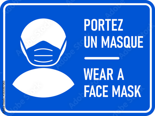 Bilingual French and English Horizontal Warning Sign with Phrases "Portez Un Masque" and "Wear a Face Mask". Vector Image.