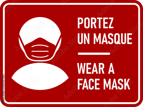 Bilingual French and English Horizontal Warning Sign with Phrases "Portez Un Masque" and "Wear a Face Mask". Vector Image.