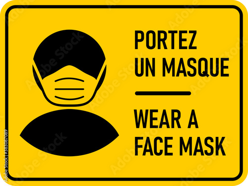 Bilingual French and English Horizontal Warning Sign with Phrases "Portez Un Masque" and "Wear a Face Mask". Vector Image.