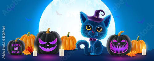 Halloween background, funny pumpkins. Greeting card for party and sale. Autumn holidays. Vector illustration EPS10.