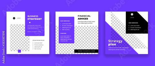 Clean social media posts with purple background elements. Square vector graphic for serious company with place for text and photos. Modern set of corporate designs