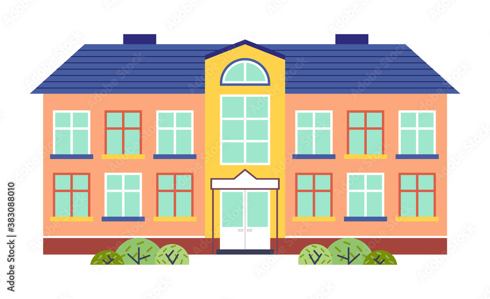 Kindergarten or school building cartoon flat style vector illustration isolated on white. Two-story building for children in bright colors with a blue roof. Modern kindergarten or junior School