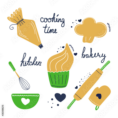 Hand drawn set of bakery, cupcake, pastry bag, rolling pin, potholder, chef's hat. Cute flat illustration.