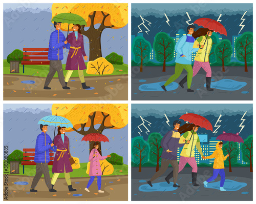 Family walking in the rain with umbrella and wearing raincoats in autumn season. Parents and daughter spend time together on a rainy october day move down the city street walk through the puddles
