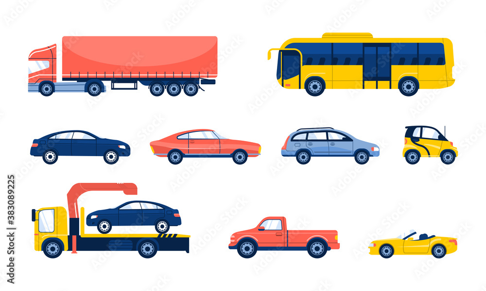 Set of different cartoon flat cars. Side view. Truck, bus, pickup, cabriolet, tow truck. Set of different cartoon flat cars. Side view. Truck, bus, pickup, cabriolet, tow truck.
