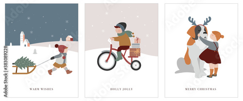 Vintage style cute Scandinavian winter kids greeting cards collection. Children and babies wearing fashion bohemian clothes. Retro style vector illustrations. Fashion concept