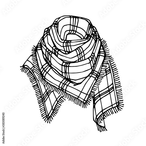 plaid scarf with fringe, winter & autumn clothing accessory, logo or emblem for knitting, vector illustration with black ink contour lines isolated on a white background in a doodle & hand drawn style