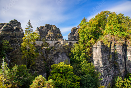 Sächsische Schweiz - Sachsen - Germany / Elbsandsteingebirge. Blick auf die Brücke der Bastei.