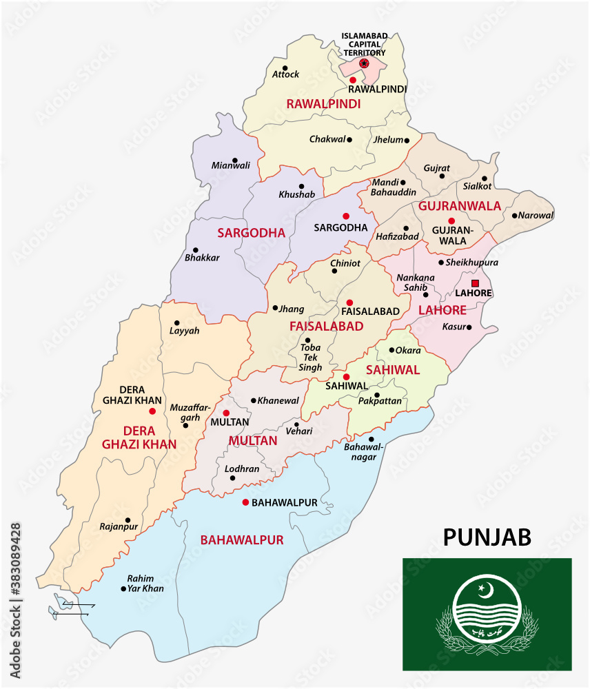 administrative vector map of pakistani province of punjap with flag, Pakistan