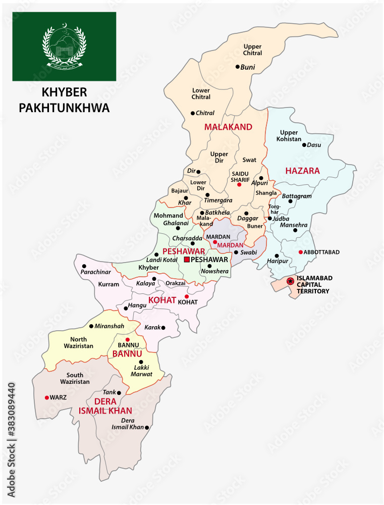 administrative vector map of pakistani province of Khyber Pakhtunkhwa with flag, Pakistan