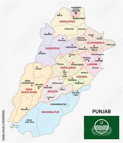 administrative vector map of pakistani province of punjap with flag  Pakistan