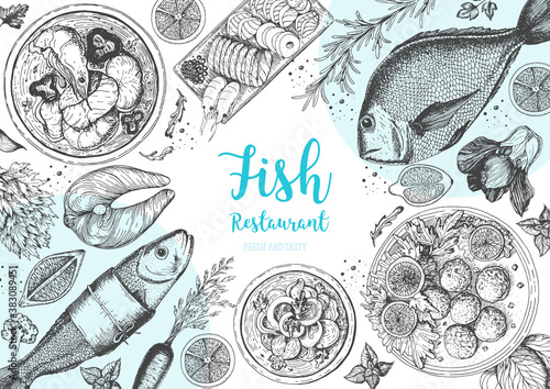Vintage seafood frame vector illustration. Hand drawn with ink. Cooked seafood dish on the table top view. Hand drawn fish dishes, perch, oysters and shrimps. Engraved style image