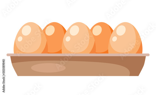 Chicken eggs in carton box isolated on white background. Cardboard tray with brown eggs flat vector illustration front view. Organic natural ingredient of animal origin in beige shell, diet food