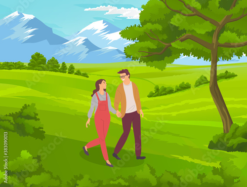 Couple walking in a park. Young guy and girl holding hands walking in summer garden, romantic walk. Lovers man and woman met on a date outdoor. Romantic promenade in the open air, active lifestyle