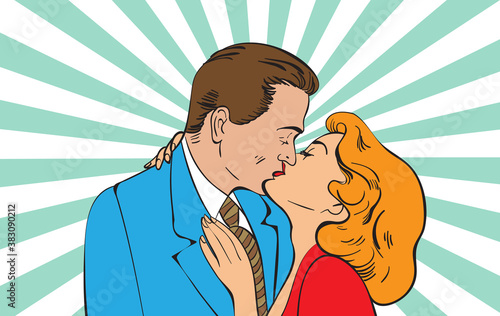 St. Valentine poster with cartoon style young man and girl kissing.