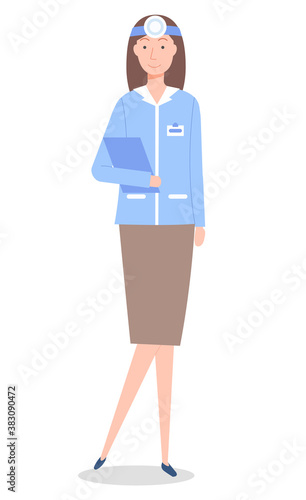 Adult female ear nose throat ENT doctor woman from ORL clinic flat illustration on white background. Otolaryngologist beautiful woman physician ent with head reflector on the forehead and clip board
