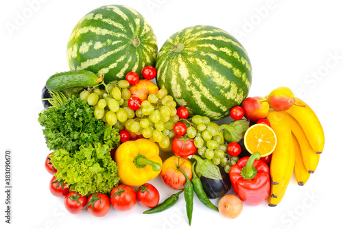 Top view of healthy fruits and vegetables isolated on white
