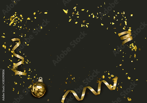 Christmas Holidays Background in gold color on a black background.Winter holidays, New Year.Flat lay, top view, copy space. Banner.Golden Streamers With Sparkling Glitter.