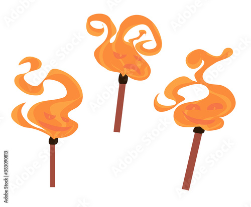 live matches with facial expressions and emotions: fun, anger, gloating. magic symbols for printing on banners "caution, fire". the theme of fires, ignitions. matches are not toys for children. 