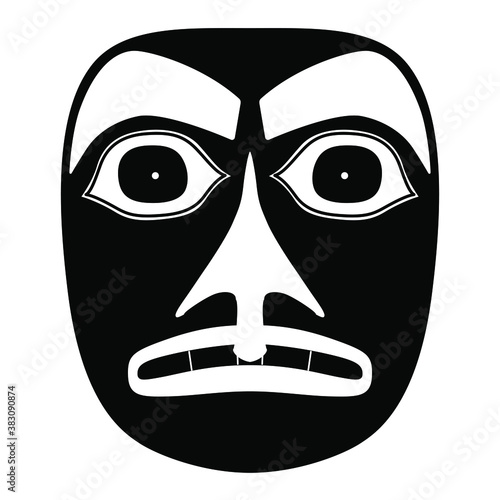 Tribal mask of Tlingit Indians. Native American art. Black and white silhouette. Stylized human face.