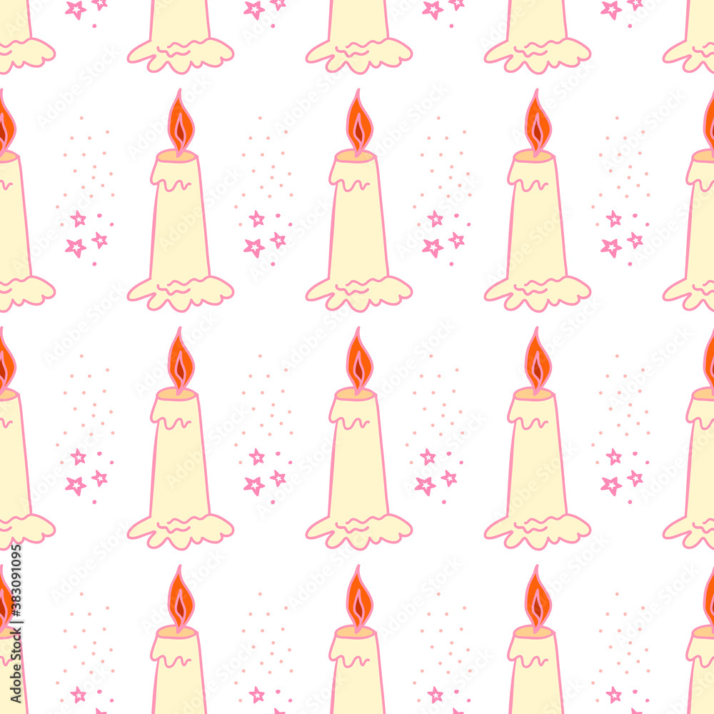 Wax candle seamless pattern. Burning wax light vector illustration. Hand drawn glim wallpaper. Meditation and relaxation concept. EPS 8 Wax candle seamless pattern. Burning wax light vector illustration. Hand drawn glim wallpaper. Meditation and relaxation concept. EPS 8
