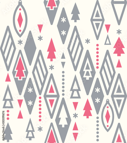 Christmas geometry seamless pattern. Grey pink triangles and Christmas tree. Christmas toys stylized. Vector illustration