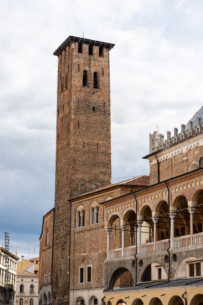 Padua, Torre degli Anziani (tower of the elderly), Medieval Tower and the Palazzo della Ragione, ancient palace, Piazza della Frutta, Veneto, Italy, Europe.