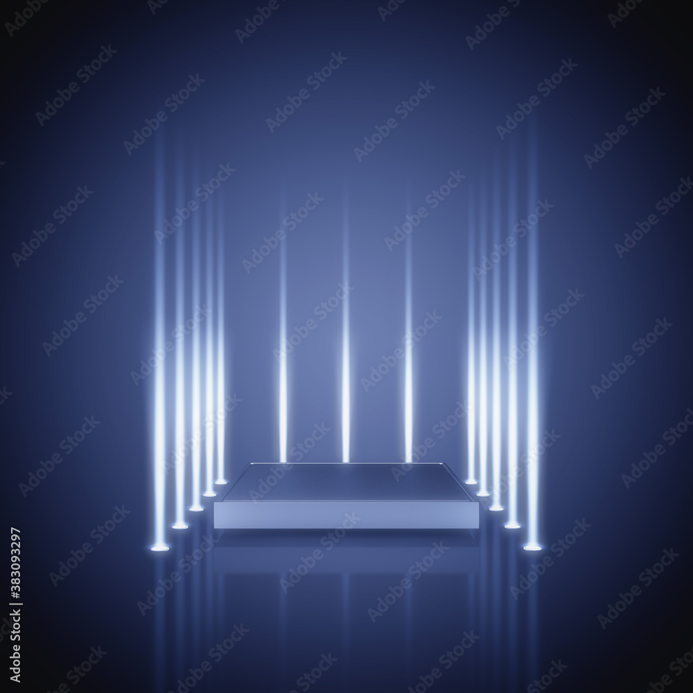 Fototapeta premium Metal square podium on dark background with spotlights, Product presentation stage