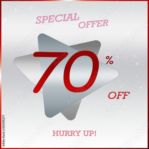 Primium Special Offer Discount Banner With 70% Off Hurry Up Text On Silver Grey Triangle Label With Glossy Red Frame. photo