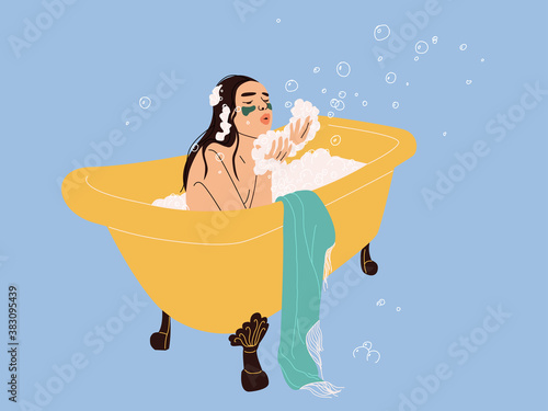Young beautiful woman takes a bath with soap bubbles. Happy girl blowing on bubble foam. Time for yourself. Daily morning routine. Banner with a female character having fun in a luxury gold bath.