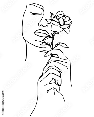 Portrait of beautiful woman with rose flower.  Line drawing. - Vector illustration.