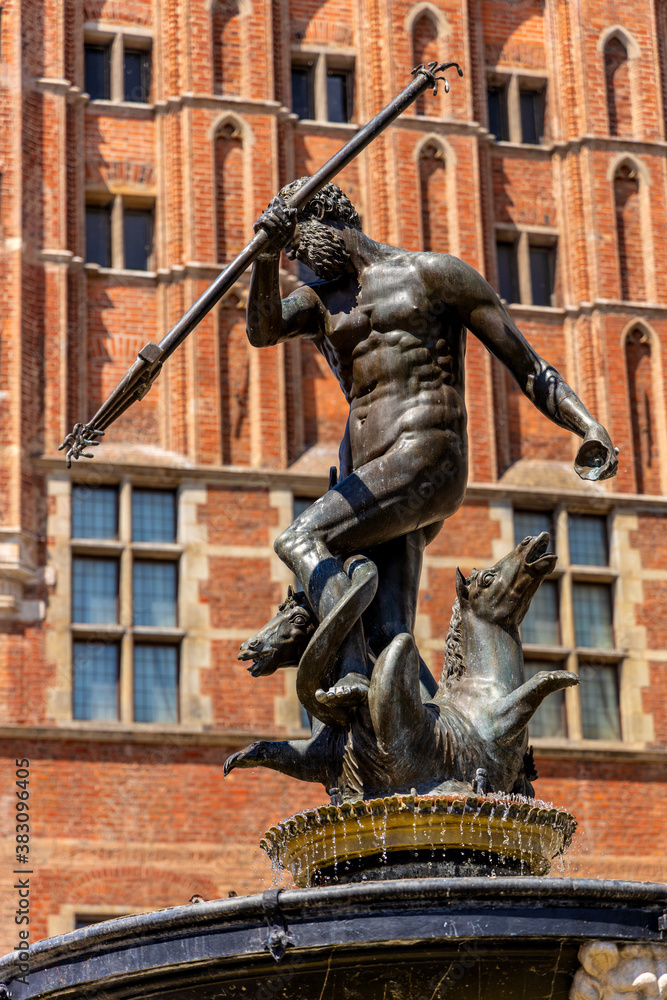 Neptune Fountain - Fontanna Neptuna - in front of Old Town City Hall at Long Market Dlugi Rynek in old town city center of Gdansk, Poland Neptune Fountain - Fontanna Neptuna - in front of Old Town City Hall at Long Market Dlugi Rynek in old town city center of Gdansk, Poland