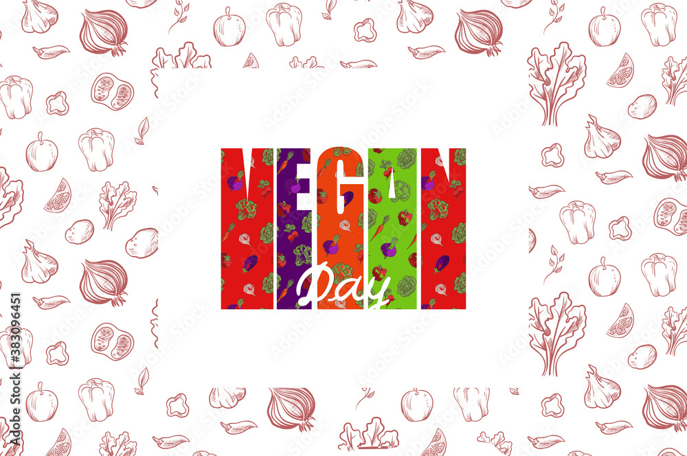 Naklejka premium World vegan day hand-drawn vector illustration. stylized design of the word vegan and vegetables