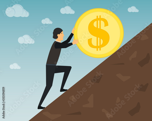 Bild auf Leinwand A businessman in the guise of Sisyphus is pushing a gold coin up the hill