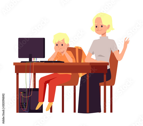 Mother helps his son with distance lessons, flat vector illustration isolated.