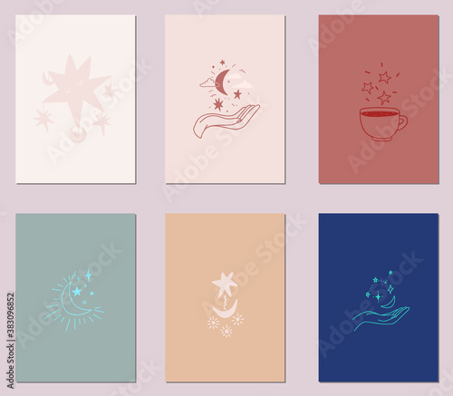 Vector set of postcards heavenly elements. Celestial stars, moon, design hand holds space illustration. Magical compositions of delicate shades for a gift, congratulations, new year
