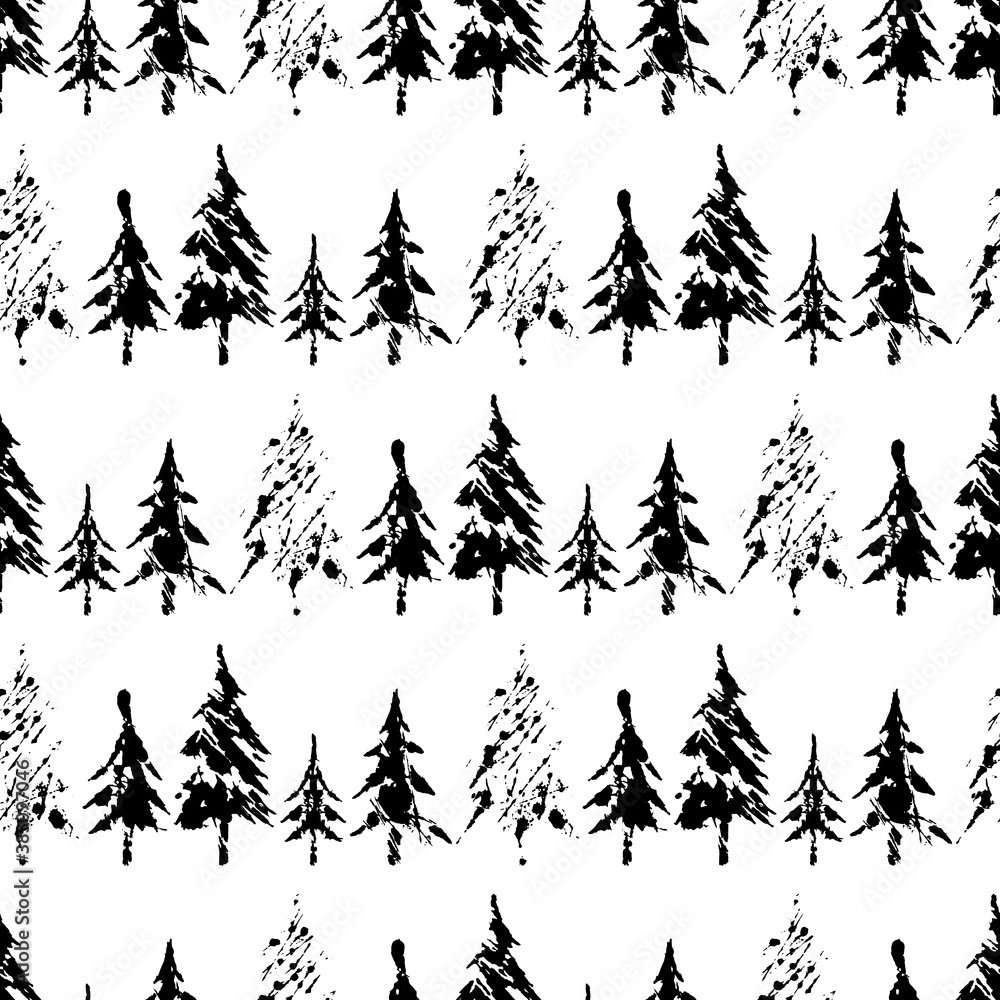 Obraz premium Striped seamless pattern of Christmas Trees. Black and white winter symbols collection. Vector Illustration.
