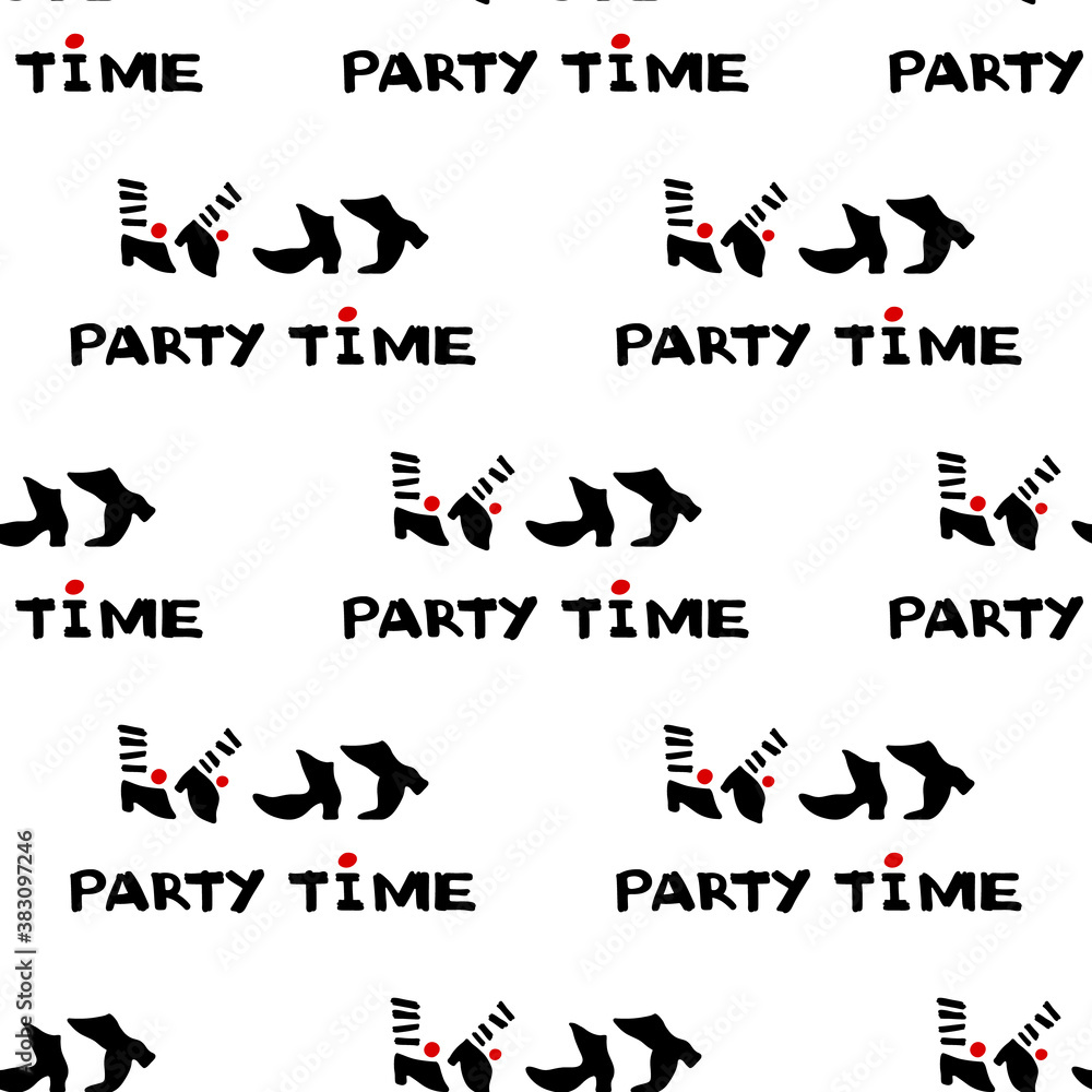 Naklejka premium Party time icon and calligraphy. Seamless pattern of dancing feet. Vector Illustration.