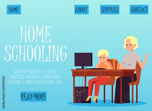 Homeschooling and learning web page with kid learning flat vector illustration.