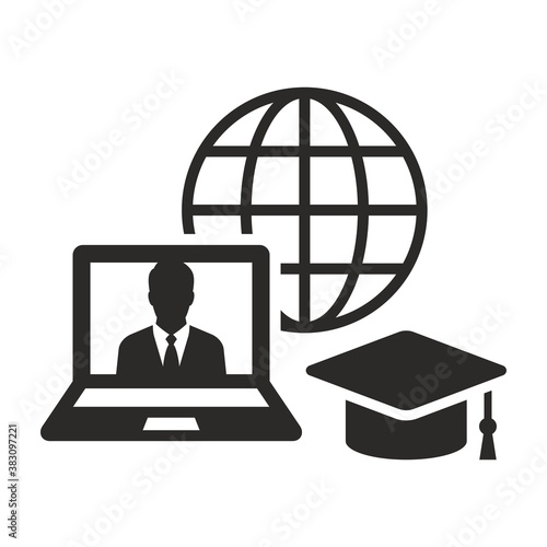 Online education icon. E-learning. Training courses online. Webinar. Graduation. Vector icon isolated on white background.