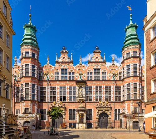 Dutch style historic Old Arsenal Grand Armory building - Wielka Zbrojownia - at Piwna and Kolodziejska streets in historic old town city center quarter in Gdansk, Poland