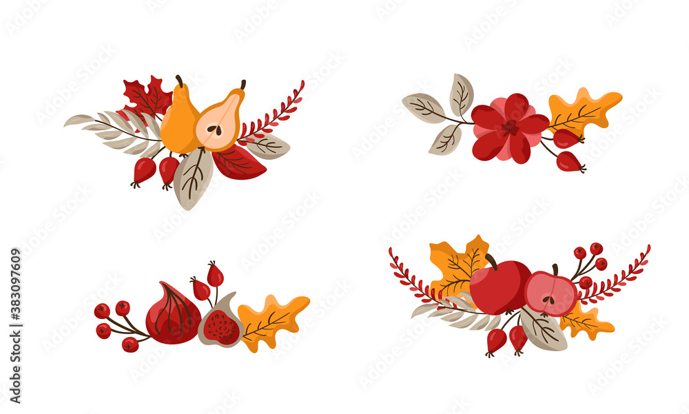 Set of vector bouquet Autumn wreath design template print with flower cotton, leaves, fruits and berries. October harvest background illustration for Happy Thanksgiving Day. Fall Nature