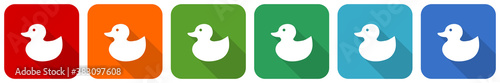 Duck toy, bird icon set, flat design vector illustration in 6 colors options for webdesign and mobile applications