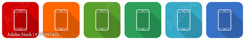 Smartphone, mobile phone icon set, flat design vector illustration in 6 colors options for webdesign and mobile applications