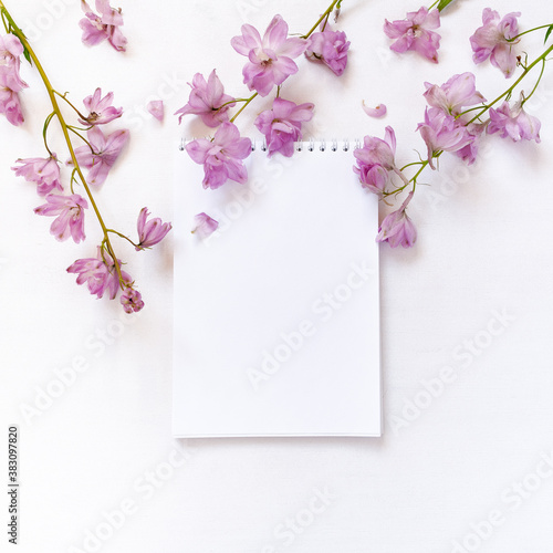 Autumn flower arrangement. An open blank notebook and delphinium flowers are on a white chipped background.
