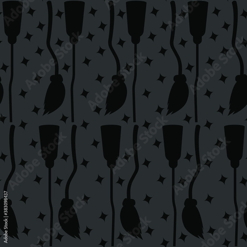Bright pattern with brooms. Gray background. Happy Halloween. A witch's broom. Background for: scrapbooking. Vector image. Flat Illustration.