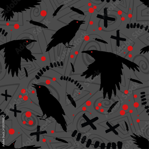 Vector halloween pattern with ravens, crows and blood drops. Seamless pattern can be used for wallpaper, pattern fills, web page background, surface textures.
