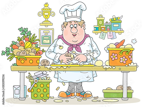 Funny fat cook in a white hat and uniform, standing at his kitchen table and peeling fresh vegetables for cooking delicious meals, vector cartoon illustration on a white background