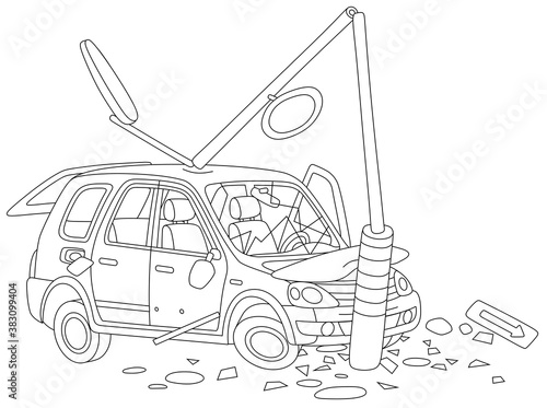 Car crashed into a lamppost on a road, black and white outline vector cartoon illustration for a coloring book page